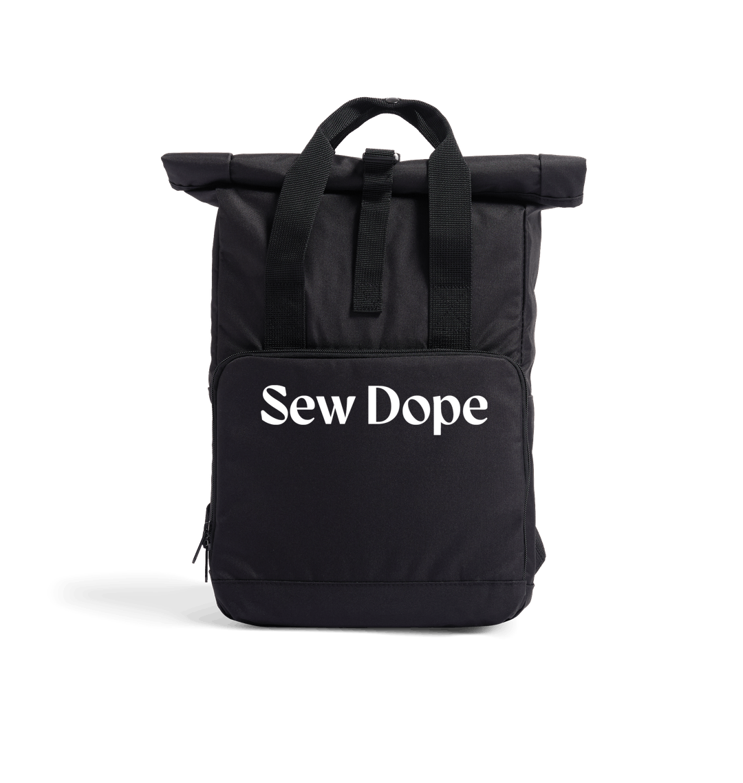 Sew Dope Roll-Top Backpack-Black Heat Transfer Bag Front-Built for a Circular Future