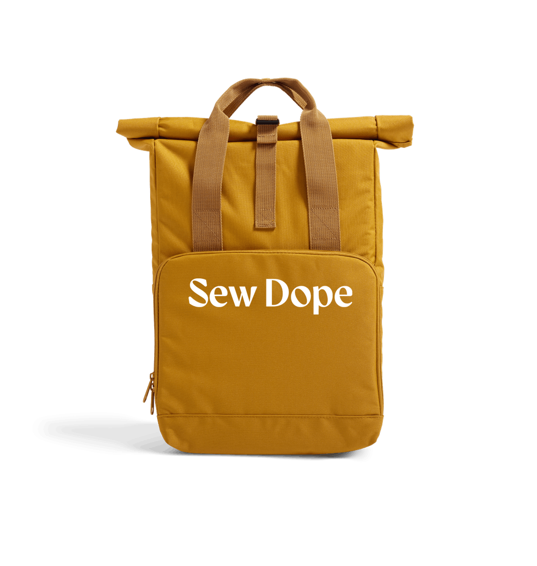 Sew Dope Roll-Top Backpack-Mustard Heat Transfer Bag Front-Built for a Circular Future