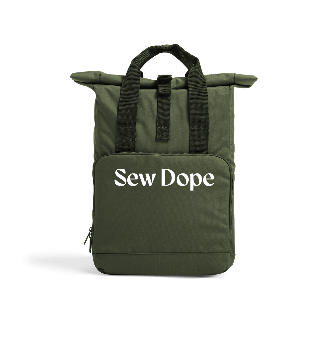 Sew Dope Roll-Top Backpack- Olive Green Heat Transfer Bag Front-Built for a Circular Future