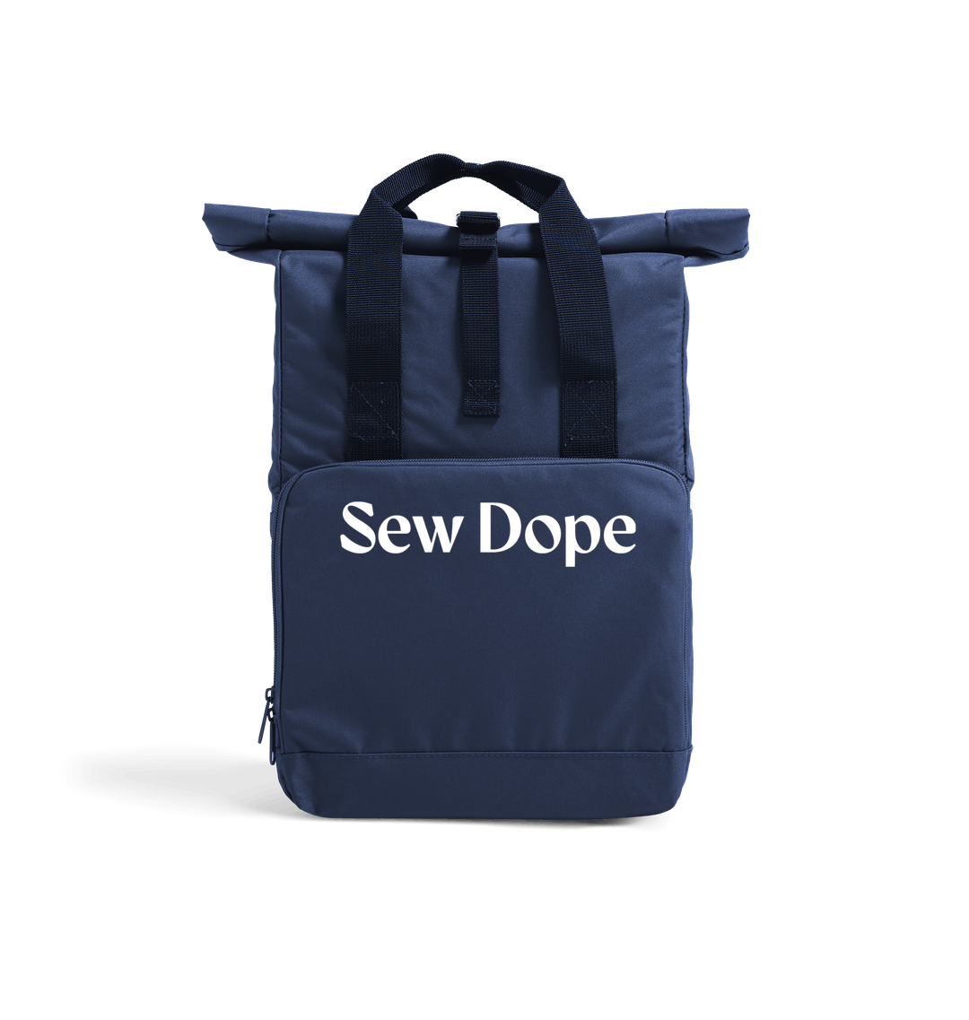 Sew Dope Roll-Top Backpack- Navy Dusk Heat Transfer Bag Front-Built for a Circular Future